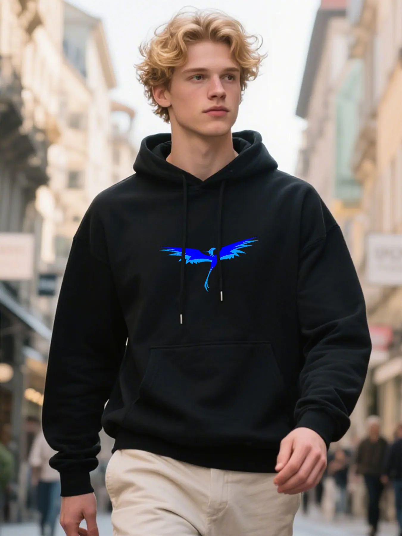 Breathable Cotton Hoodie With Flying Blue Bird Print For Thanksgiving Outdoor Activities