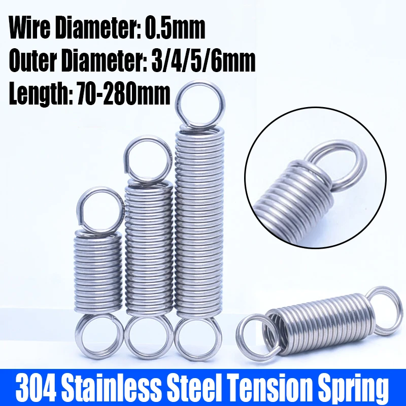 1-5PCS 0.5mm Wire Dia 304 Stainless Steel O Ring Hook Extension Spring Tension Spring Coil Spring Dual Hook Spring L=70-280mm