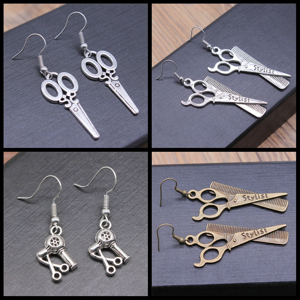 Fashion Handmade Cool Design Punk Style Big Scissors Hair Dryer Earrings Comb Barber Scissors Drop Earrings