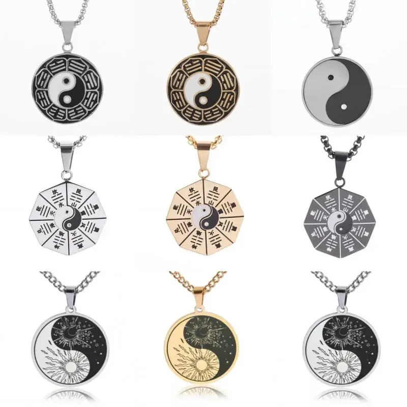 Ancient I Ching Stainless Steel Yin Yang Bagua Tai Chi Pendant Necklace for Men and Women Pray for Good Luck Jewelry Ornament