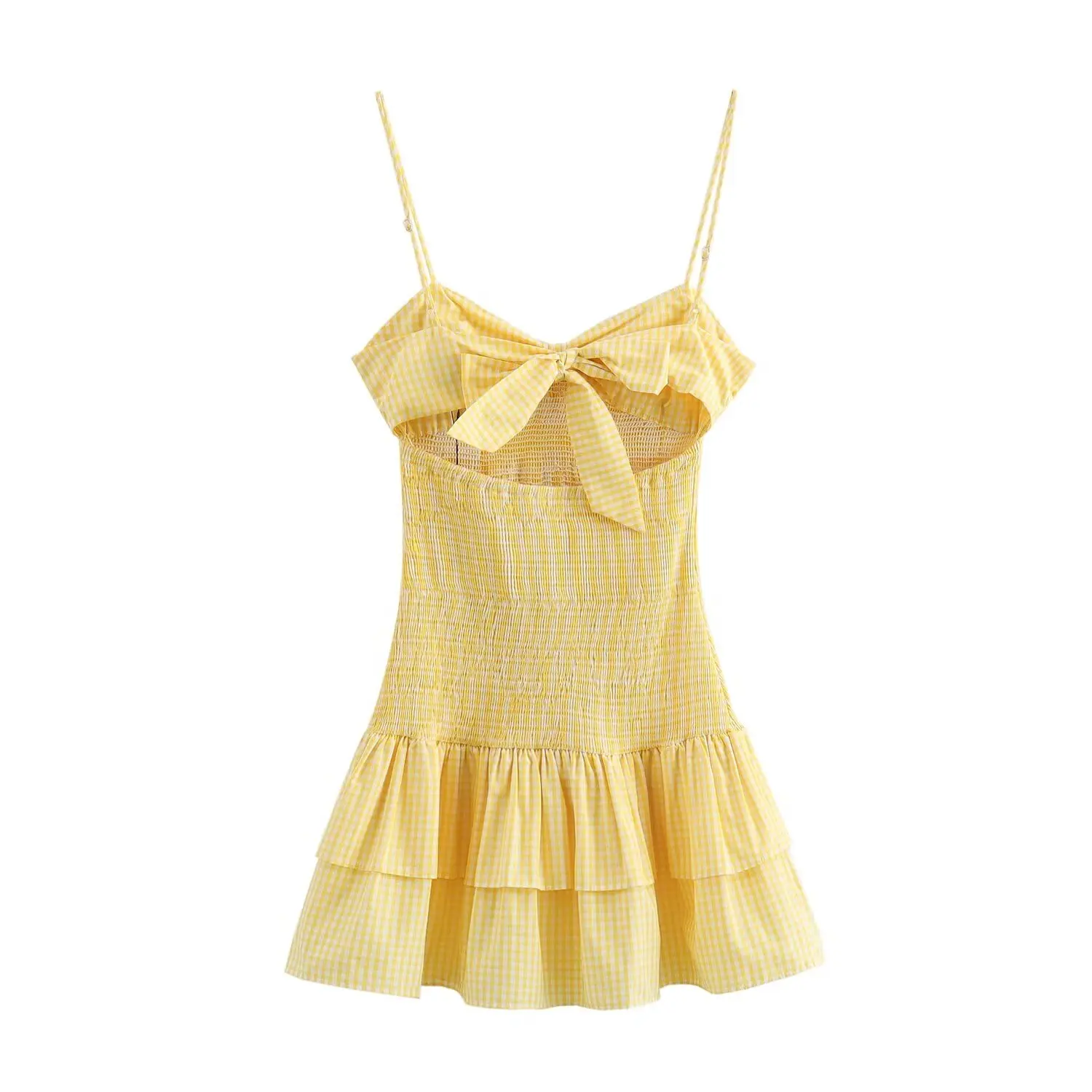 TRAFZA abiti da spiaggia Sexy da donna stile a-line fiocco senza maniche scozzese giallo decorare Mini abito estivo senza schienale donna Trendy