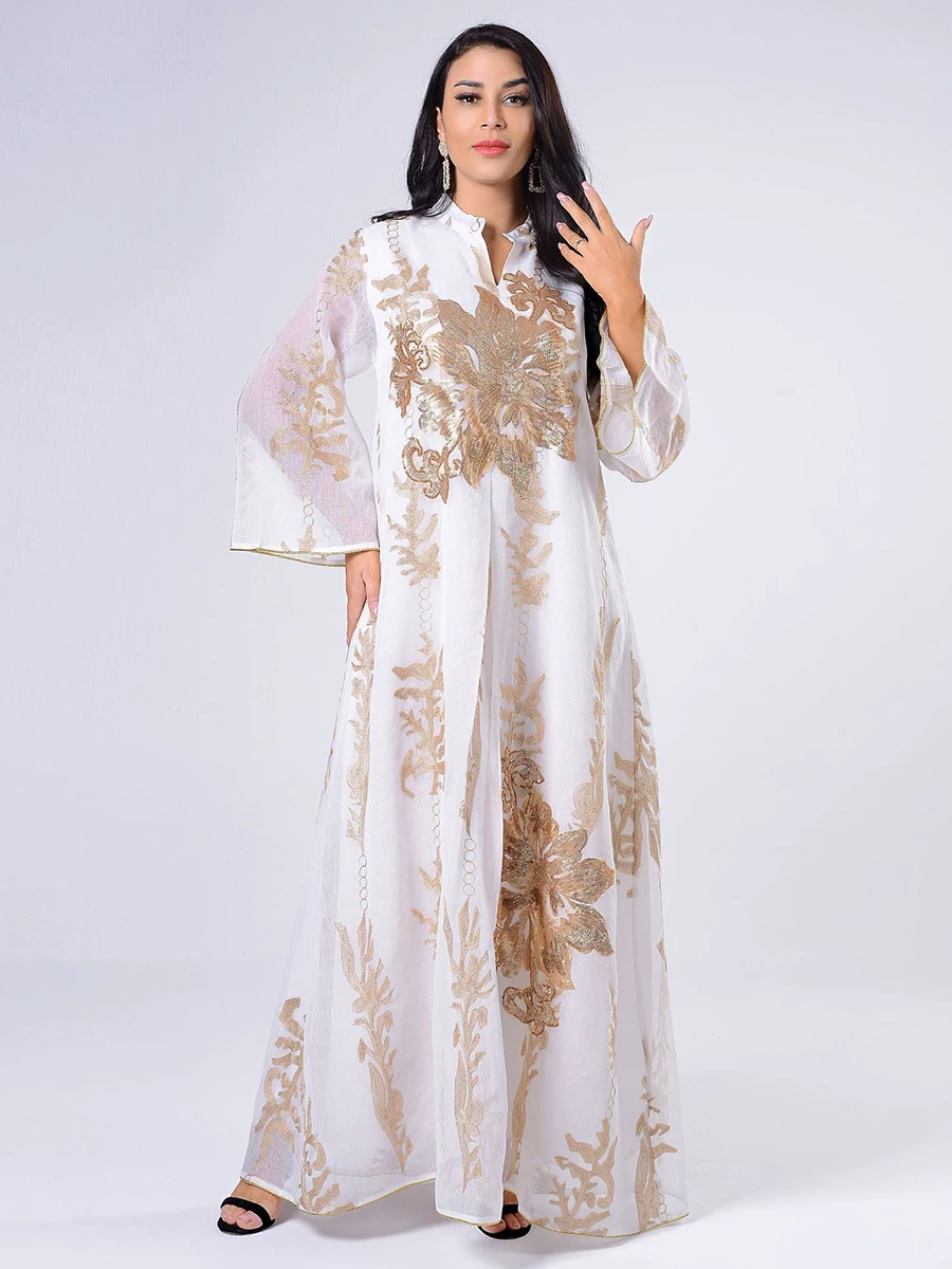 Siskakia Sequins Embroidered Abaya Dress For Women Moroccan Kaftan Turkey Arabic Jalabiya White Islamic Ethnic Robe 2023 Eid New