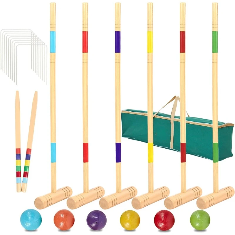 32In Six Player Croquet Set with Deluxe Premiun Pine Wooden Mallets,Colored Ball,Wickets,Stakes - Lawn Backyard Game Set for