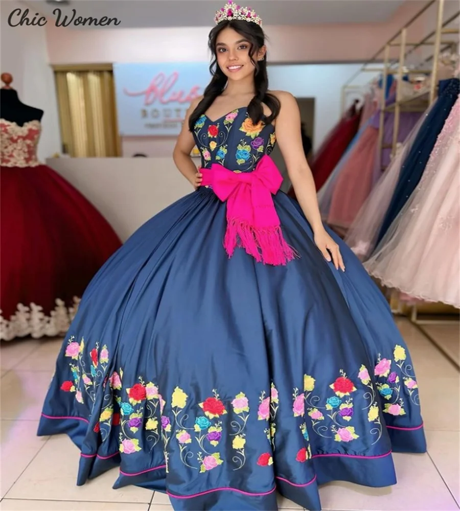 Vestido Bordado Mexicano Azul Marino Quinceañera Vestido De Noche