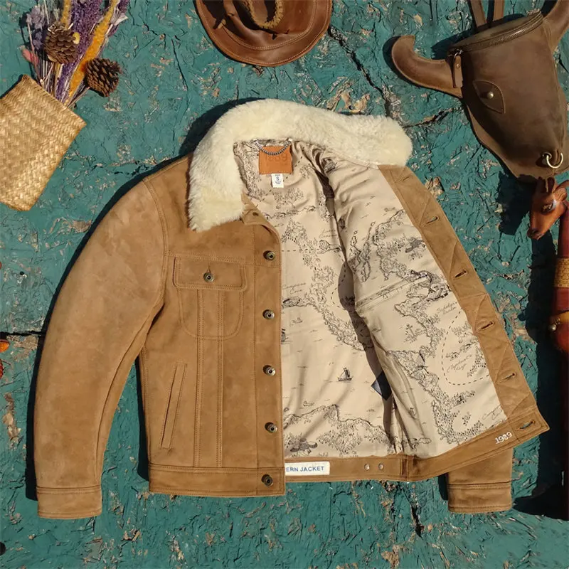 Light Brown Winter Leather Jacket Men Casual Style Plus Size 5XL Genuine Natural Thick Sheepskin Single Breasted Warm Denim Coat