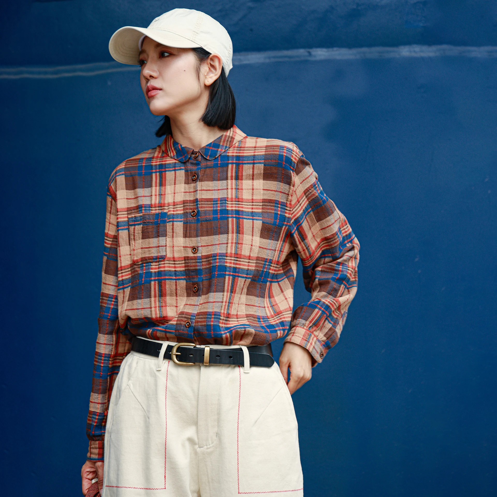 

Свободный крой в стиле ретро из чистого хлопка, фланелевой женский топ в клетку, дышащий длинный свек, осенняя модная повседневная одежда