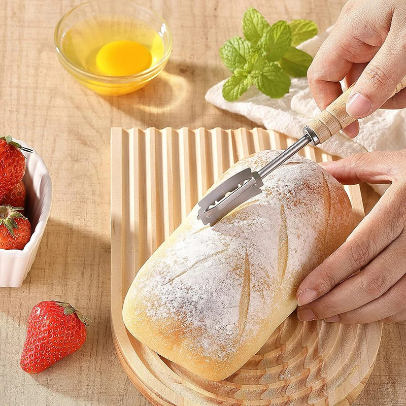 Bread Cutter Wooden Handle Bread Lame Slashing Tool With 5 Razor Blades Leather Cover Curved Dough Scoring Knife Baking Tool