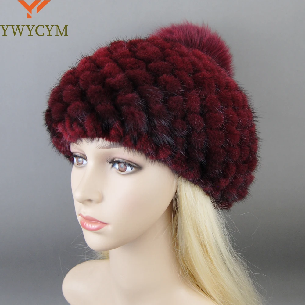 

New Russia Lady Winter Hand Knitted Real Mink Fur Hat Natural Warm Mink Fur Visors Cap Women Fashion 100% Genuine Mink Fur Hats