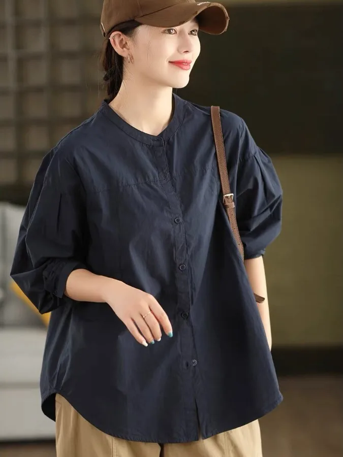 

Весенняя женская рубашка свободного кроя с длинным рукавом и воротником-стойкой в японском стиле, больших размеров, повседневная, дышащая, хлопковая