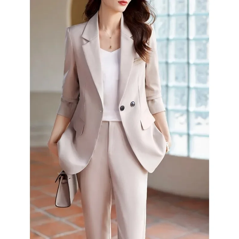 Fashion Blue Black Apricot Ladies Pant Suit Formal Women Business Work Wear Jacket Blazer Trouser 2 Piece Set For Autumn Winter