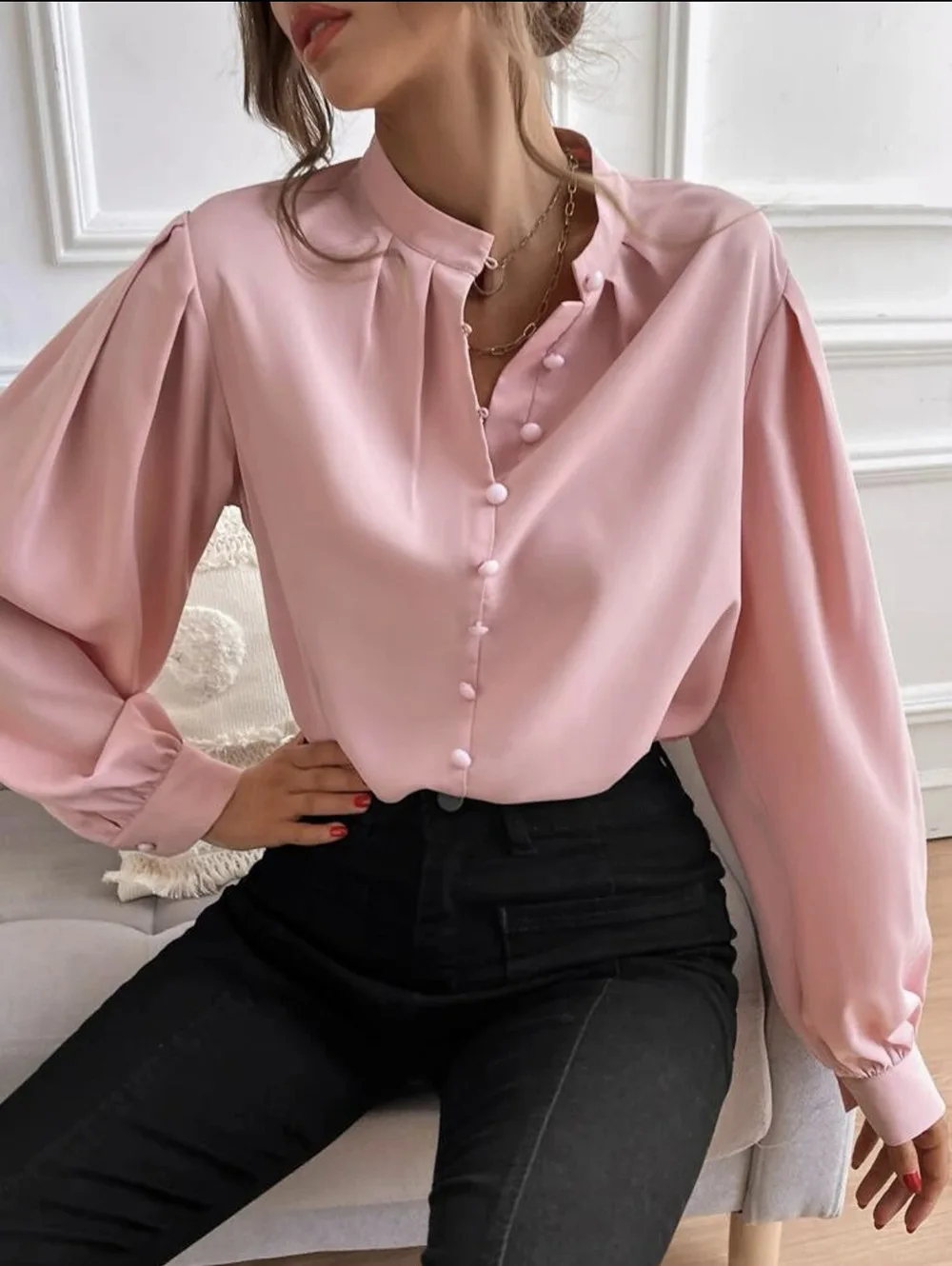 Jesienne eleganckie koszule zapinane na guziki z dekoltem w szpic dla kobiet z długim rękawem Office Casual Business Plain Blouses Tops