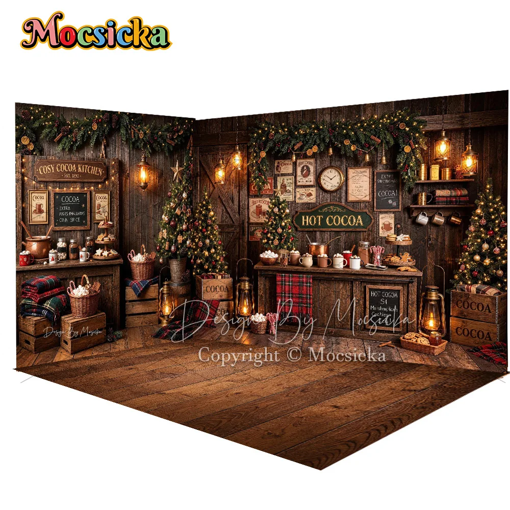 Mocsicka Hot Cocoa Kitchen Christmas Backdrop Photography Wood Wall Drink Bar Cookies Background Winter Newborn Portrait Booth