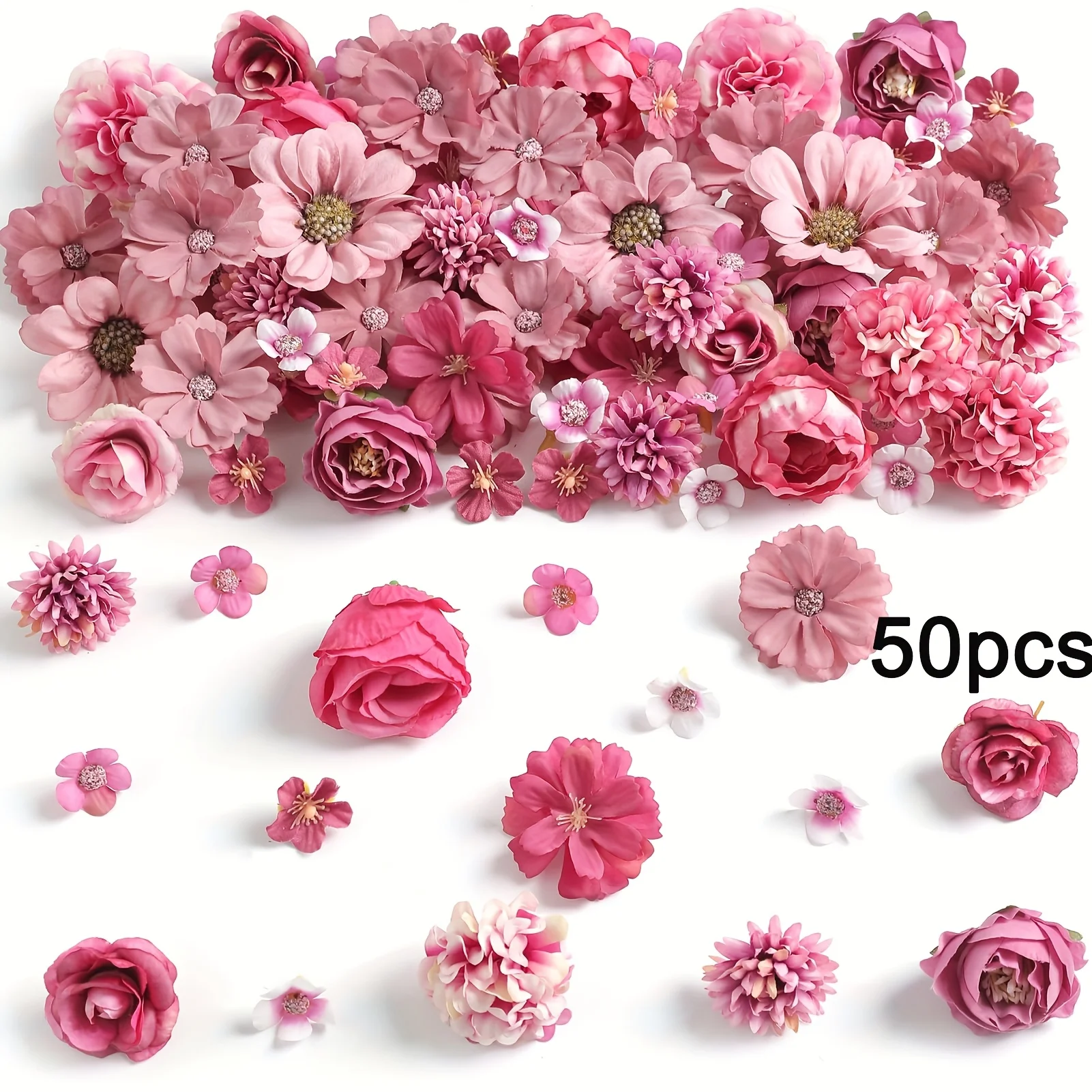 Mélange de têtes de fleurs artificielles, 50 pièces, pour décoration de maison, fausses fleurs, décoration de jardin, de mariage, fournitures de fête, guirlande, cadeaux, ornement
