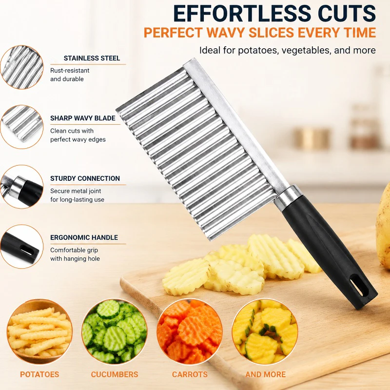1pc Stainless Steel Wavy Potato Cutter Professional Crinkle Cut Knife Vegetable Slicer for Potatoes Carrots Cucumbers