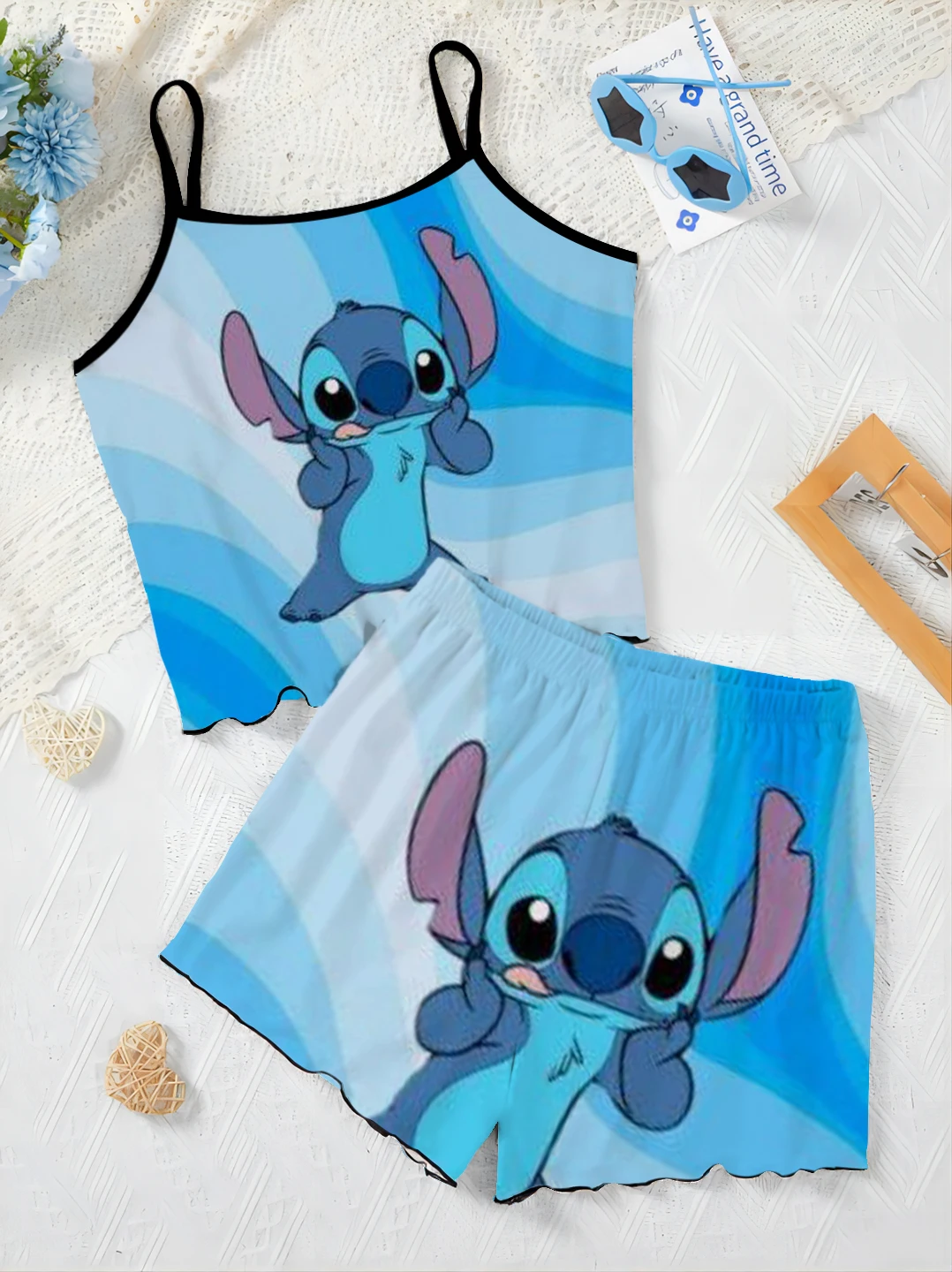 Slip Dress Elegant Women's set t-shirt pigiama gonna lattuga Trim Top Stitch Disney Pieces Short Piece Outfit Summer Suit Disney