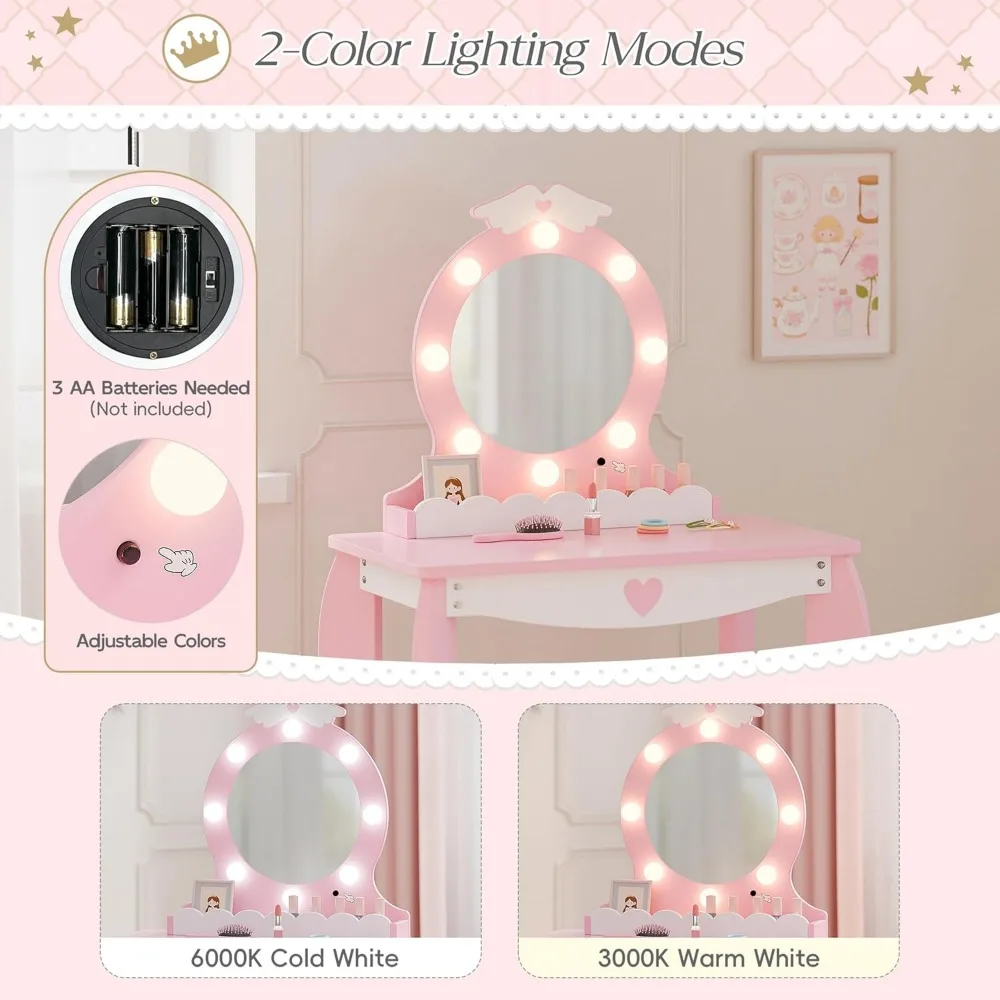 Kids Vanity Set with Lighted Mirror and Stool, Kids Make Up Vanity Desk with Storage Space, Wing Pattern for Little Girls