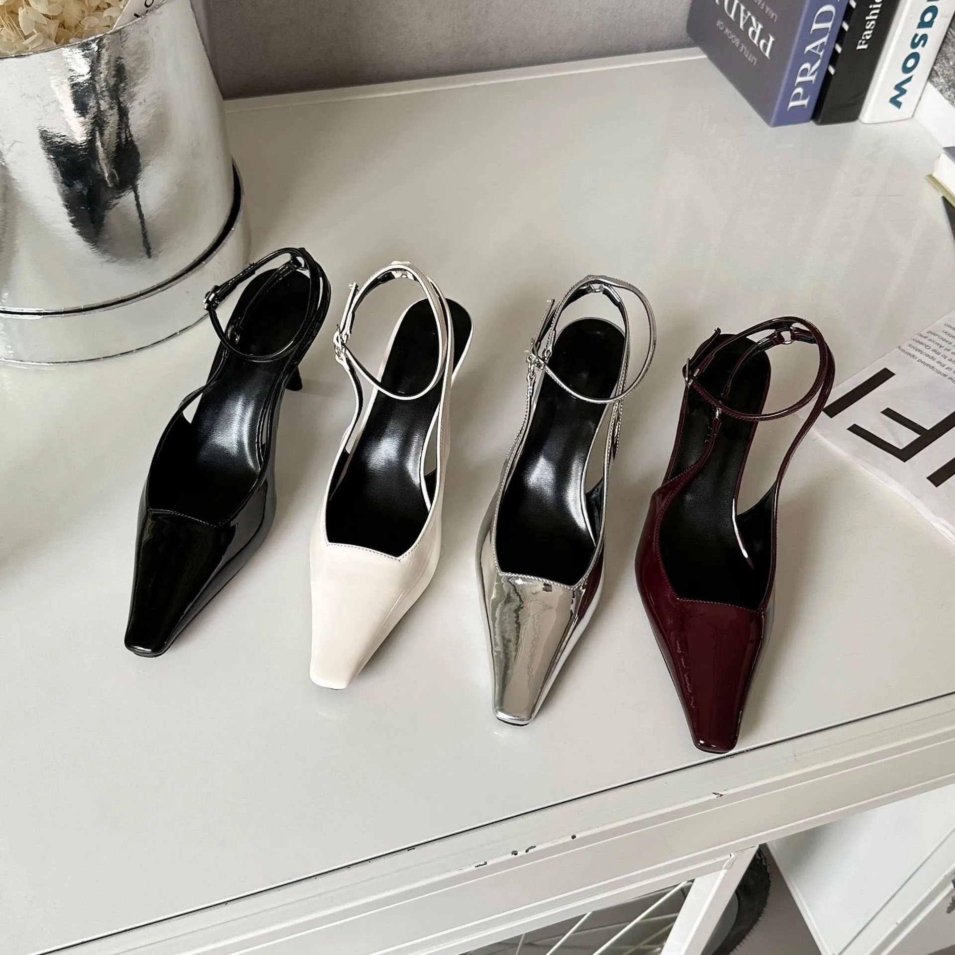 Shiny High Heels Slingback red Silver Women Pumps Metallic Sandals Pointy Toe Stiletto Heeled Shoes Party Dress Shoes Woman