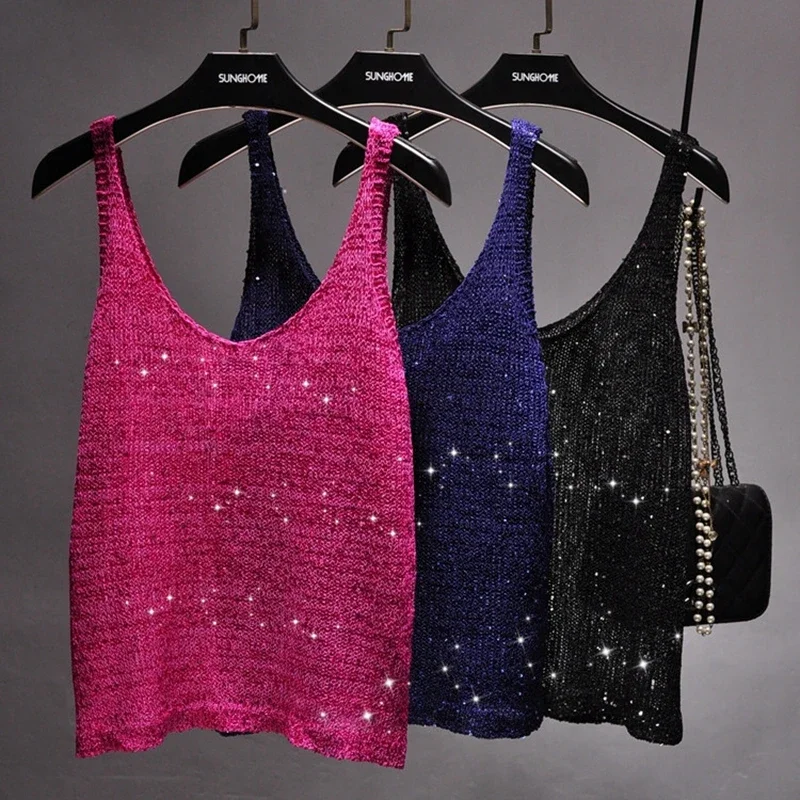 Spring and Summer of 2020 The New V-neck Condole Belt Knit Sequined Vest Outside The Joker Sleeveless T-shirt Top Coatt