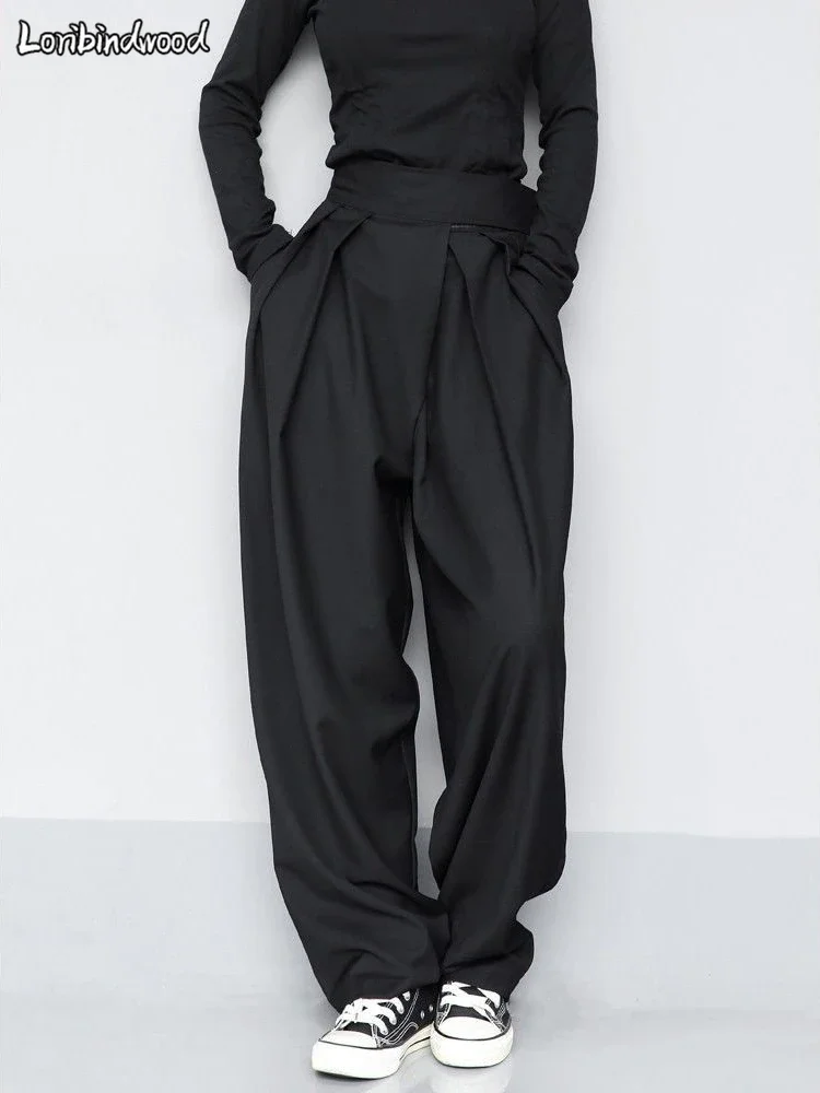 Damen Schwarze Hose mit weitem Bein, Frühling, Sommer, hohe Taille, plissierte Anzughose, Dame, lässig, lange, lockere Hose, 2023, modische Damenbekleidung