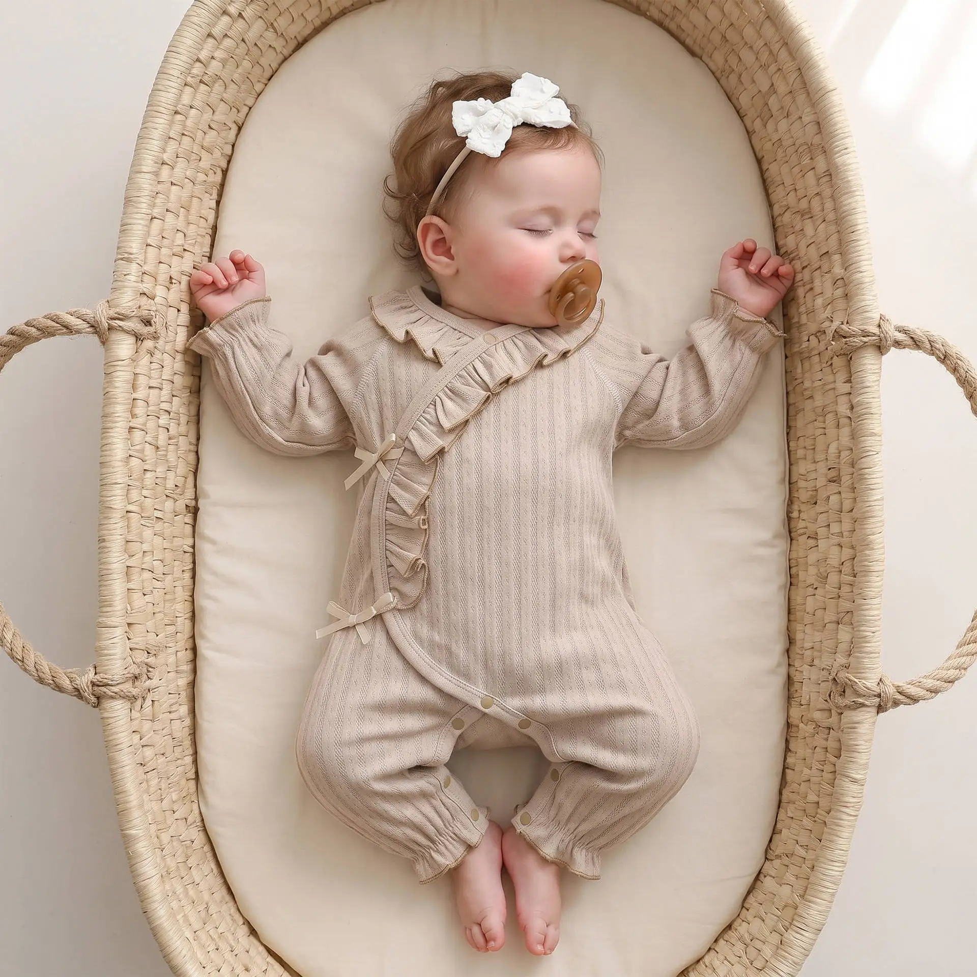0-6M Autumn Baby Bodysuit Sweet Ruffle V-Neck Single-Breasted Baby Girls One Pieces Solid Color Toddler Long Romper