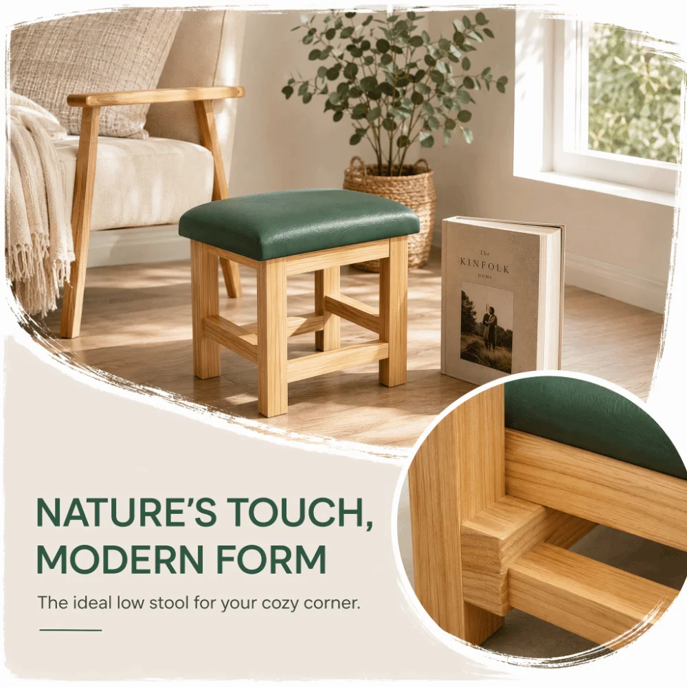 Smooth Solid Wood Foot Stool Burr-Free Edges Rounded Edges Foot Rest Stable Support Legs Anti-Slip Pads Multi-Purpose Stool