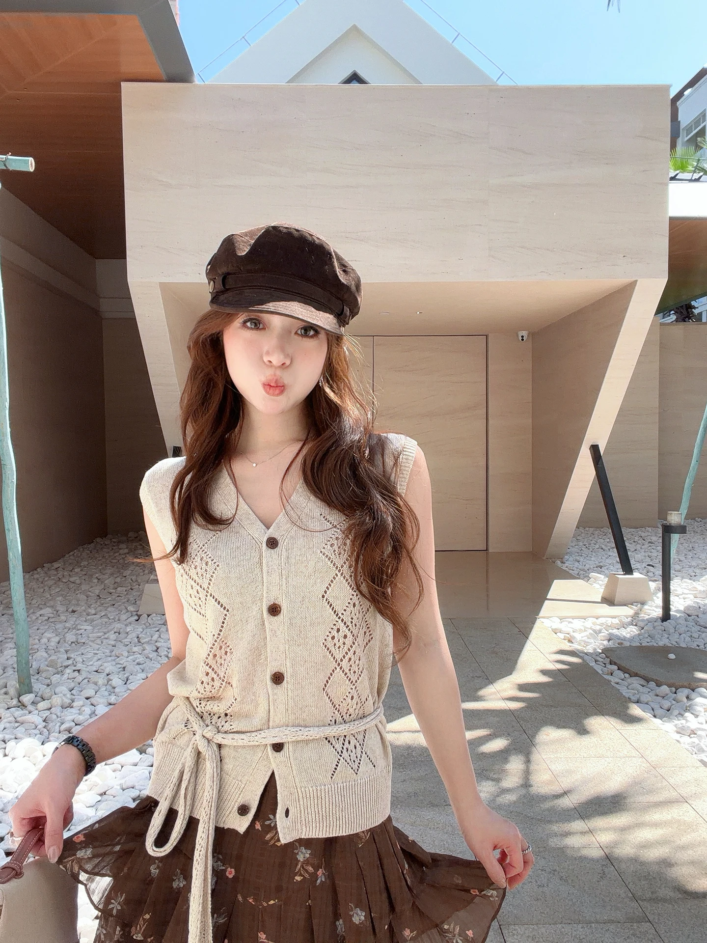 

Льняной ажурный вязаный жилет для женщин, летний дизайн, вырез с имитацией шарфа, без рукавов, дышащий, комфортный, TMH STUDIO