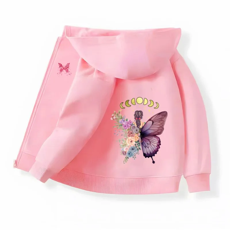 Kinder-Modeschichtmantel mit Schmetterlings- und Blumenmuster, langärmeliges Kapuzenoberteil für Mädchen, Herbst-Baumwoll-Sweatshirt, Größe 5-14T – Detail 9