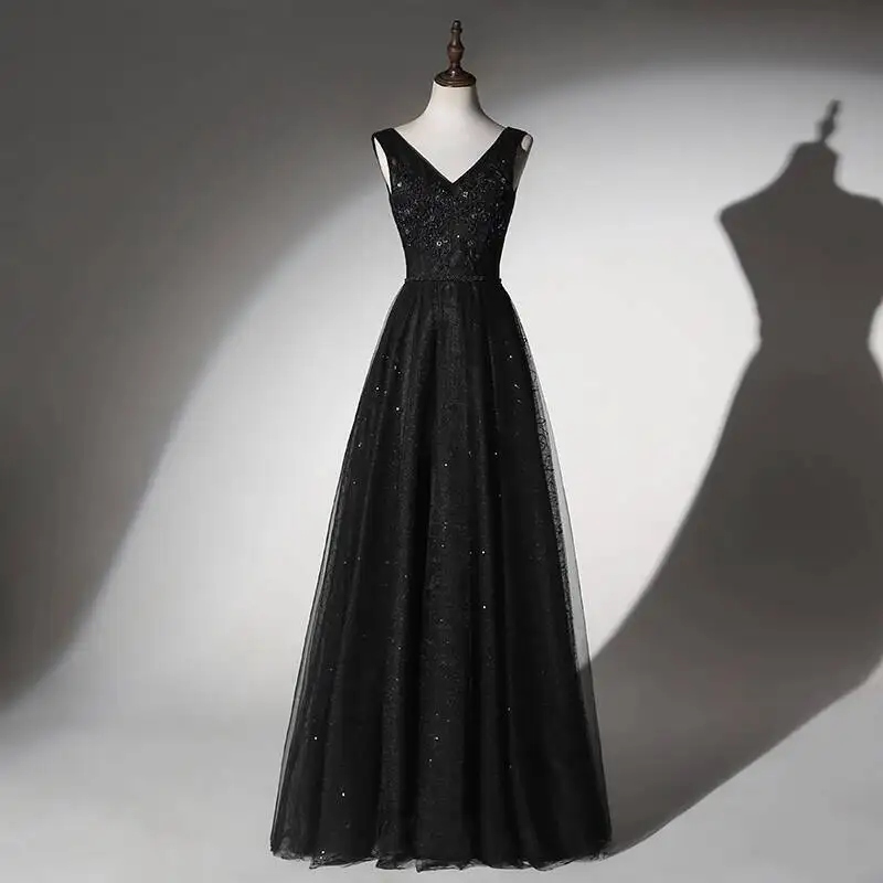 

3XL Black Evening Dress 2025 New Performance dress Long Dress V-neck sequin long black yarn skirt