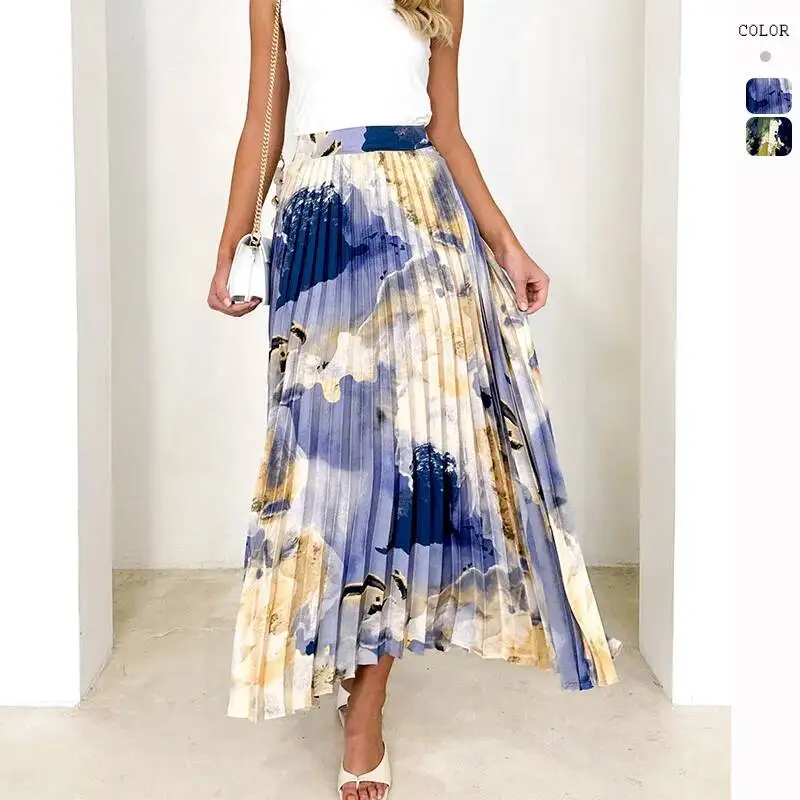 

2026 Spring/Summer High-End Oil Painting Print Pleated Skirt With Draping Effect A-line Pleated Skirt For Women