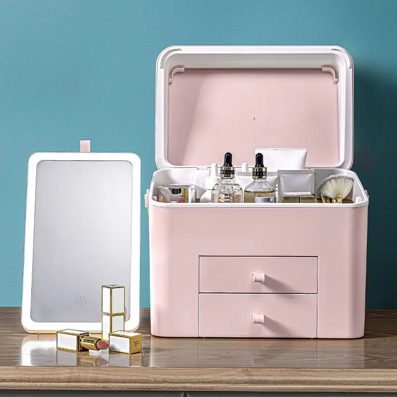 Cosmetic Storage Box Makeup Organizers with LED Mirror Portable Dustproof Waterproof Drawer Skincare Desktop Storage Box