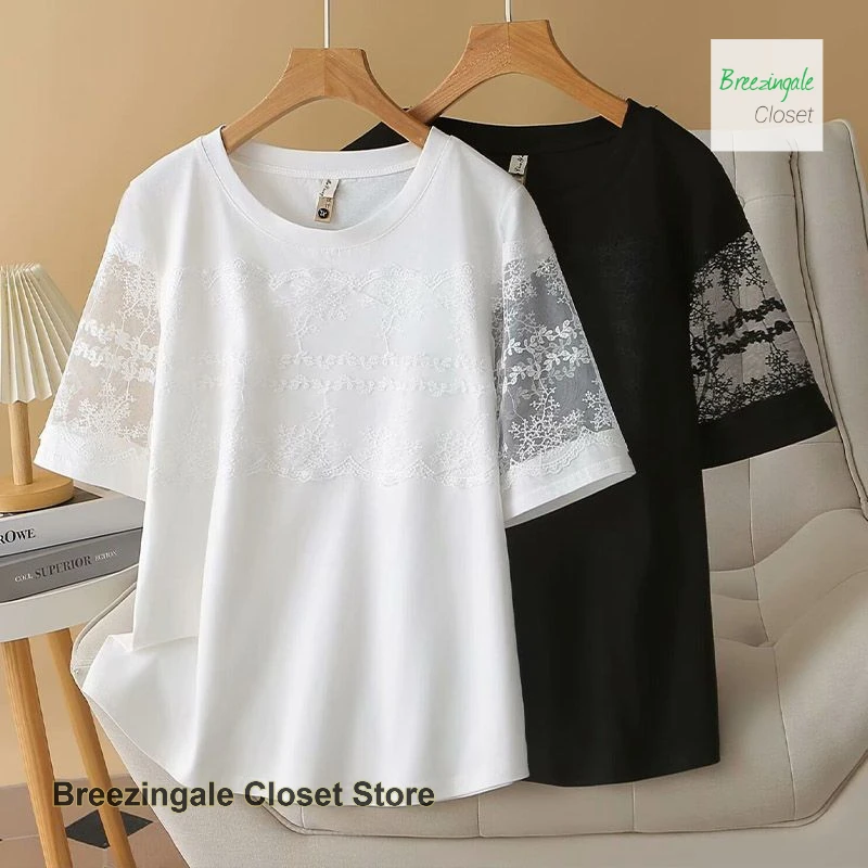 

French style solid color fashion plus size short sleeve T-shirt women's summer new lace design stitching temperament top.