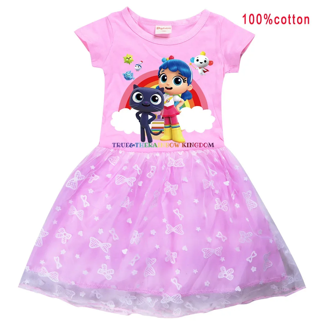 True and The Rainbow Kingdom Clothes for Baby Girls Summer Short Sleeve Dresses Kids Cartoon Dress Children Cartoon Party Frock