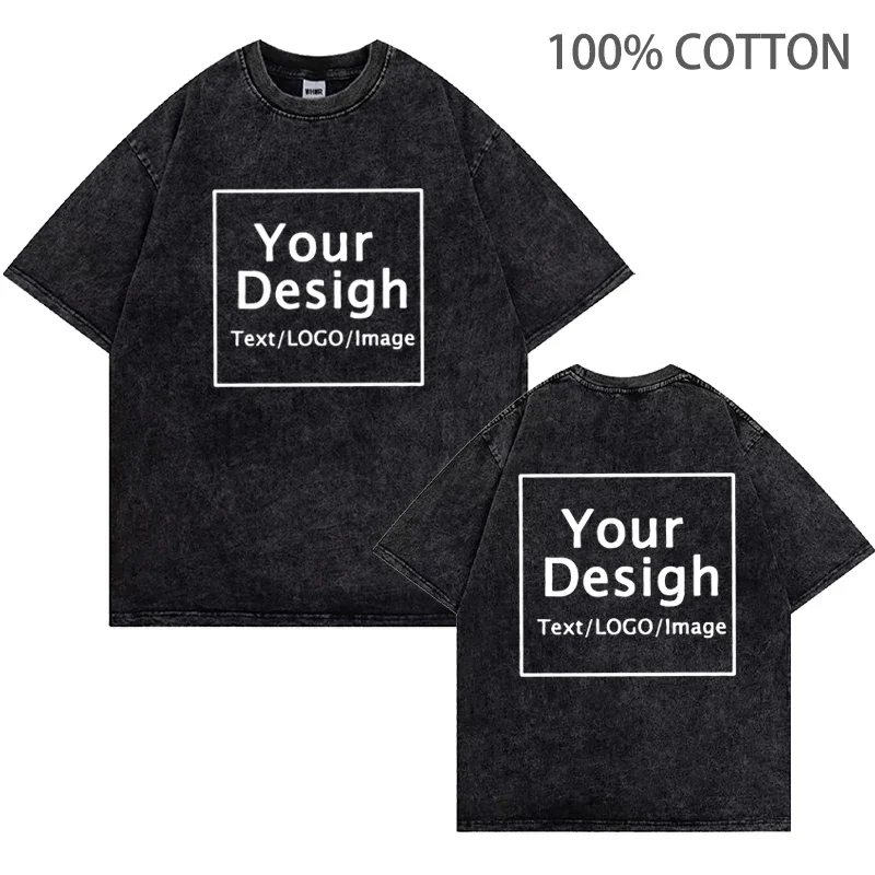 Custom Your OWN LOGO Hip Hop Streetwear Summer 100% Cotton T-shirts Men\'s Oversized DIY Personalized Retro Washed Short Sleeves