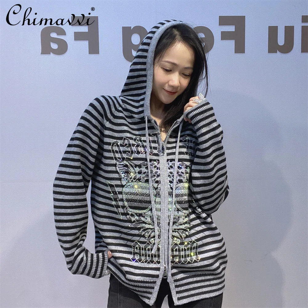 

Heavy Rhinestone Hooded Cardigan for Women Winter New Fashion Long Sleeve Casual Loose Striped Hoodie Sweater Knitted Coat