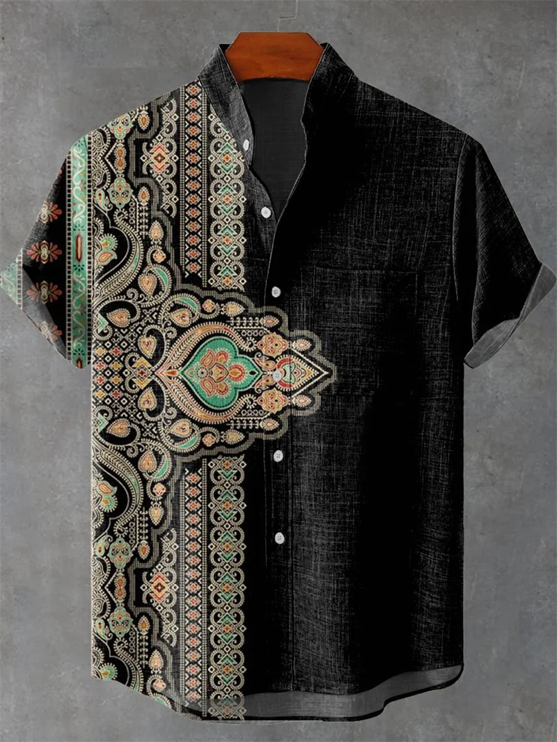 Sommerliches Ethno-Design Casual Top mit Katzenmuster Kurzärmliges Modisches Retro-Herrenhemd – Detail 12