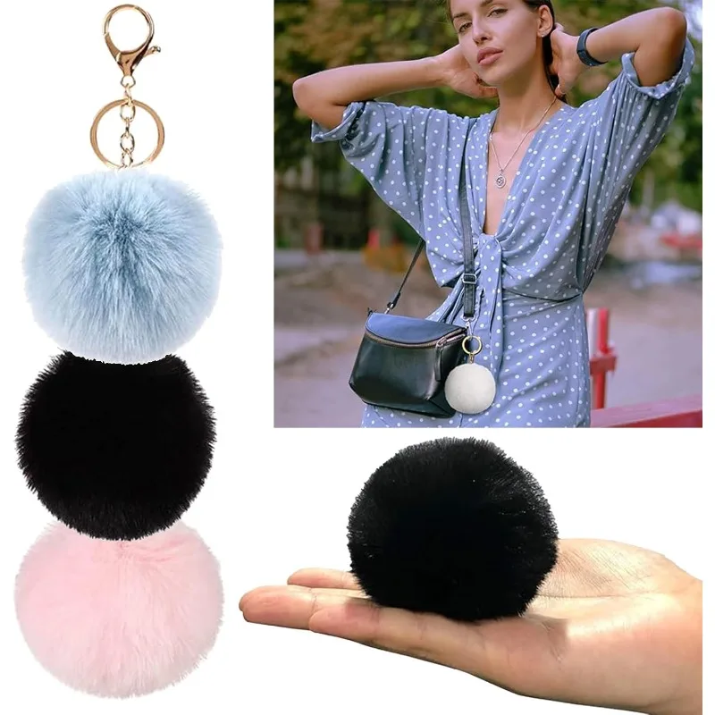 

5PCS Soft Fluffy Faux Rabbit Fur Pom Keychain, Women Bag Pendant Car Keyring Jewelry Gifts