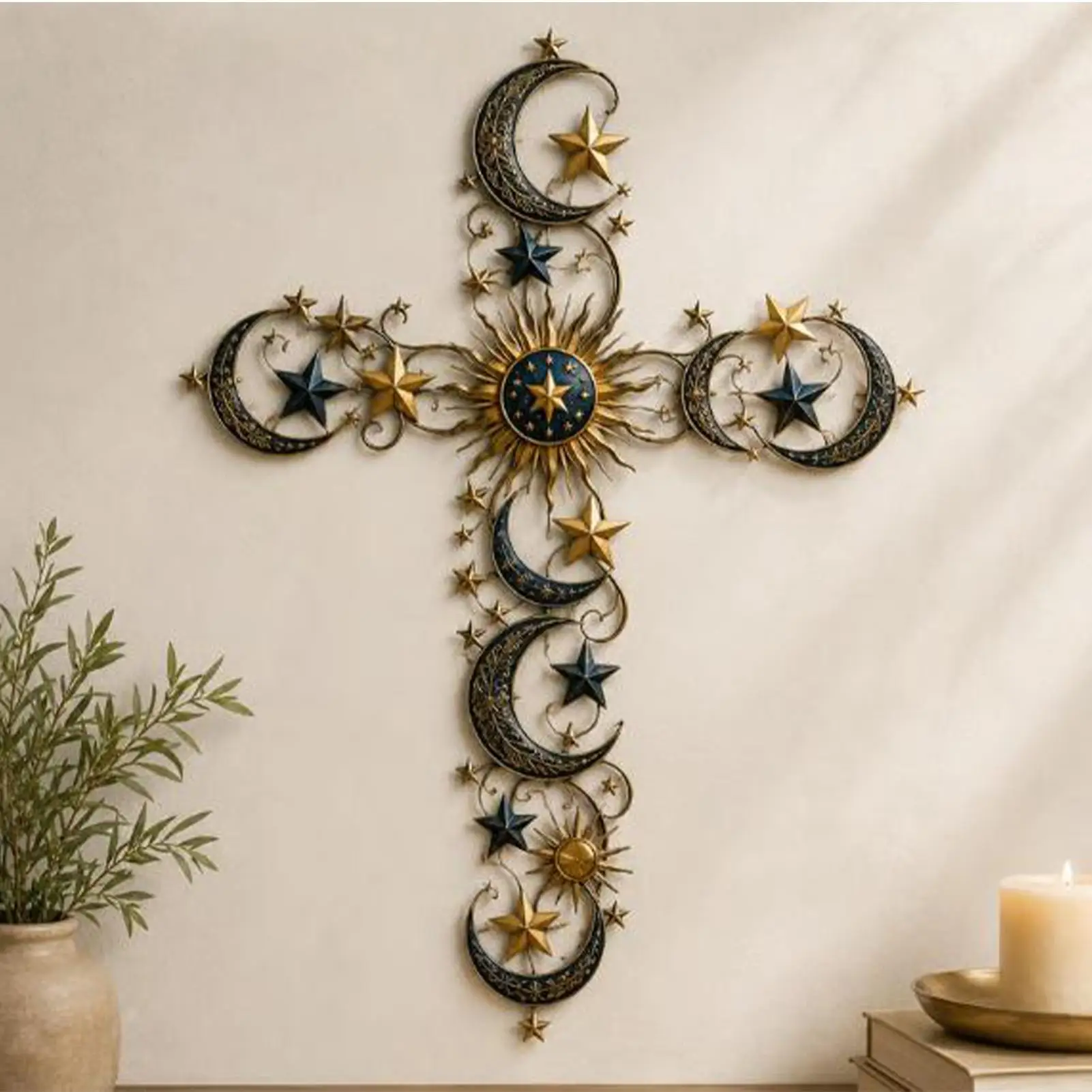 Cross For Wall Religious Hangable Metal Moon Star Ornament Wall Art Decor For Home Office Church Door Living Room Bedroom