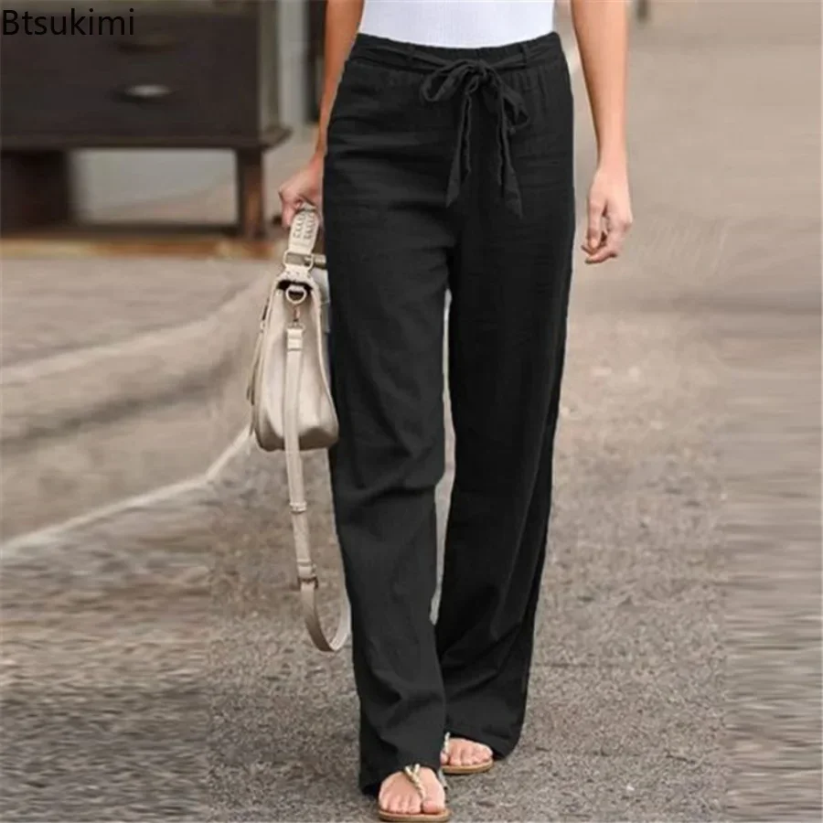 2024 Women's Summer Cotton Linen Pants Solid Elastic Waist Loose Straight Pants Female Ankle-length Trousers Casual Pants S-5XL