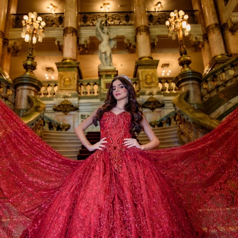 Shiny Red Quinceanera Dress Lace layering off-shoulder glitter decal vestidos de 15 Quinceanera ﻿Customized