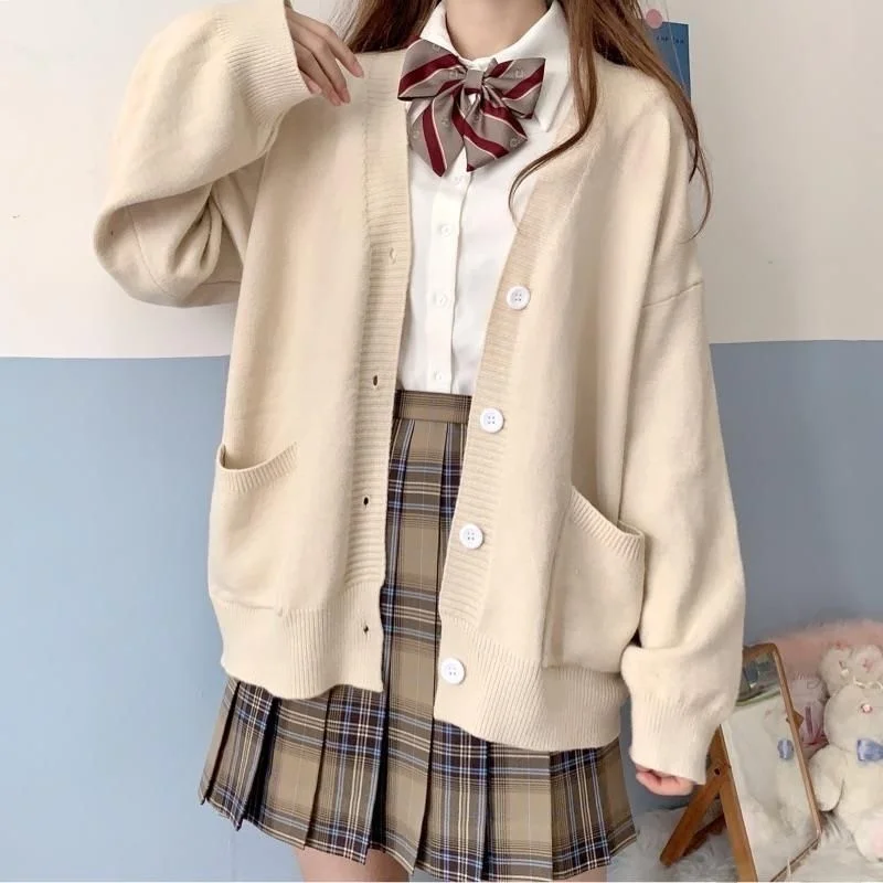 Spring Autumn Lazy Style Loose Long Sleeve Knitted Sweater Women's V-Neck Thin Outerwear Cute College Style Button Splice