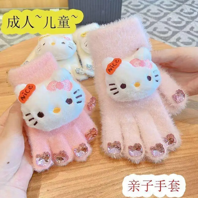 Детские перчатки Hello Kitty Sanrio, милые плюшевые теплые зимние перчатки Kt с бриллиантовыми украшениями, зимние подарки для детей
