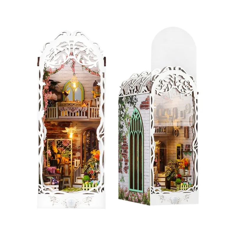 Kreative 3D Blume Zimmer Buch Stehen Zusammengebaute Gebäude Kits Modell mit Lichtern Holz Puzzles Desktop Dekoration Spielzeug Geschenk für Kind