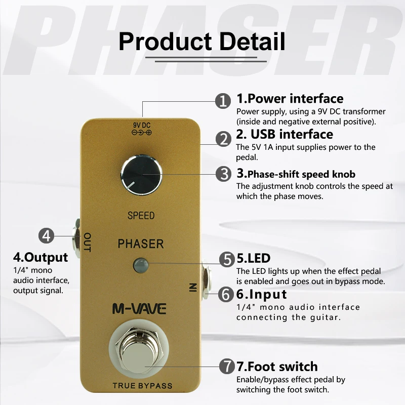 M-VAVE PHASER Analog Circuit Phase Guitar Effect Pedal Zinc Alloy Shell True Bypass Guitar Pedal Guitar Parts & Accessories