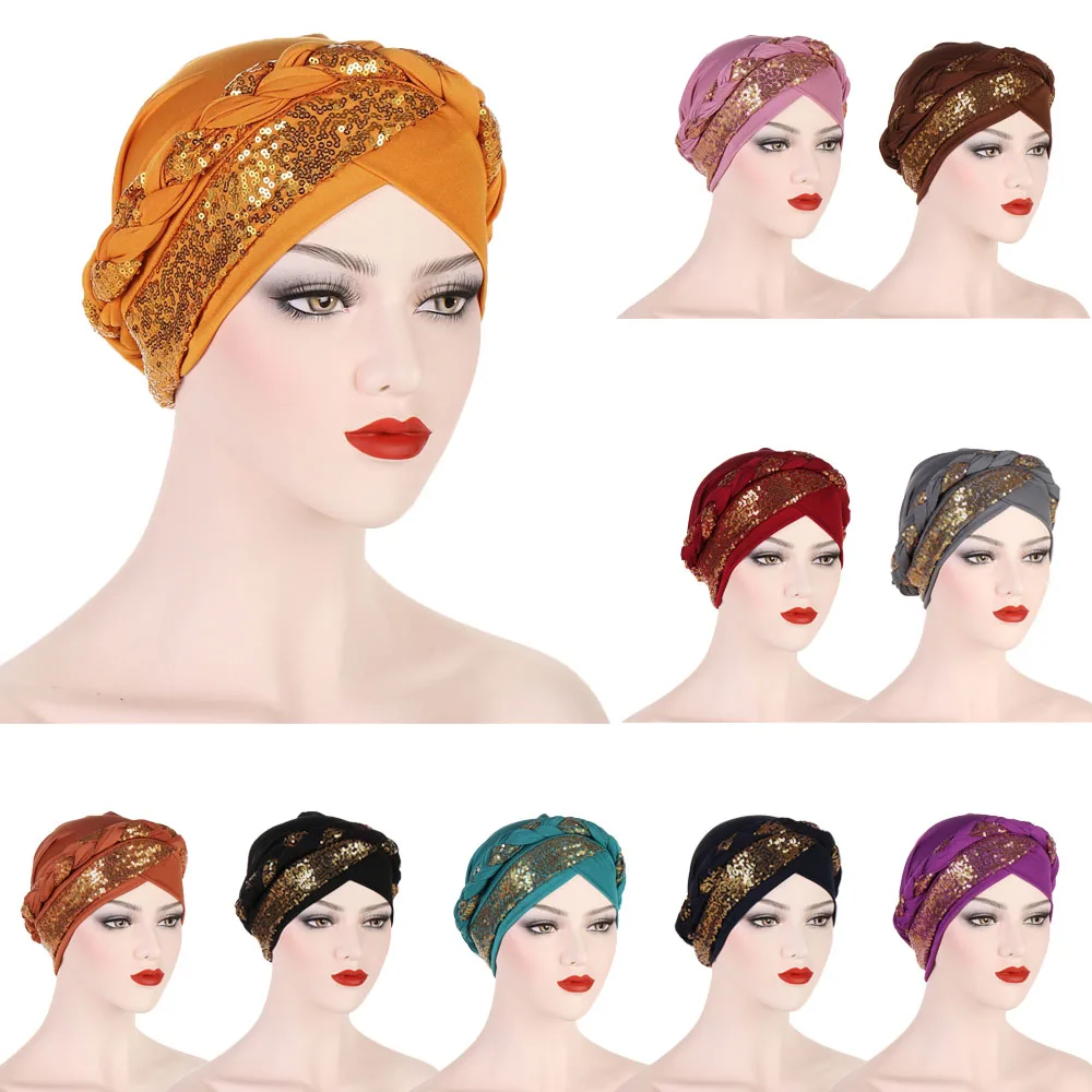 

New Sequins Braids Turban Indian Muslim Hijab Hat Women Chemo Cancer Cap Skullies Beanies Bonnet Hair Loss Headwear Scarf Wrap