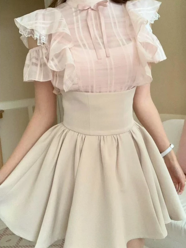 Sweet Anti-Aging Summer Japanese Sle Set round Ne Design  Knot Slim Fit Top High Waist ort Skirt Two Piece Set