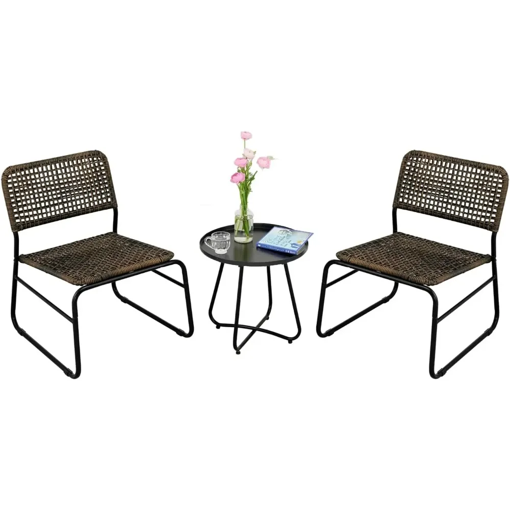 3 Pieces Patio Conversation Bistro Set, Outdoor Furniture Rattan Furniture with Round Table and 2 Armchairs