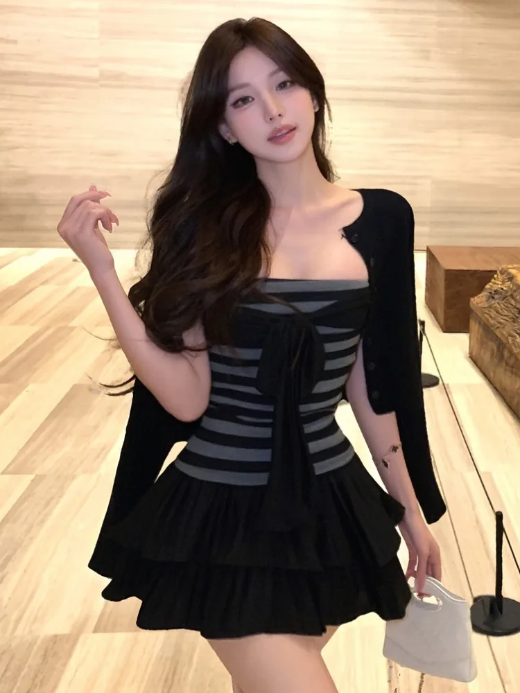

Retro Striped Long Sleeve Knitted Cardigan Knot Tube Top Women's Inner Wear Cake Skirt Three Piece Set Spicy Girl