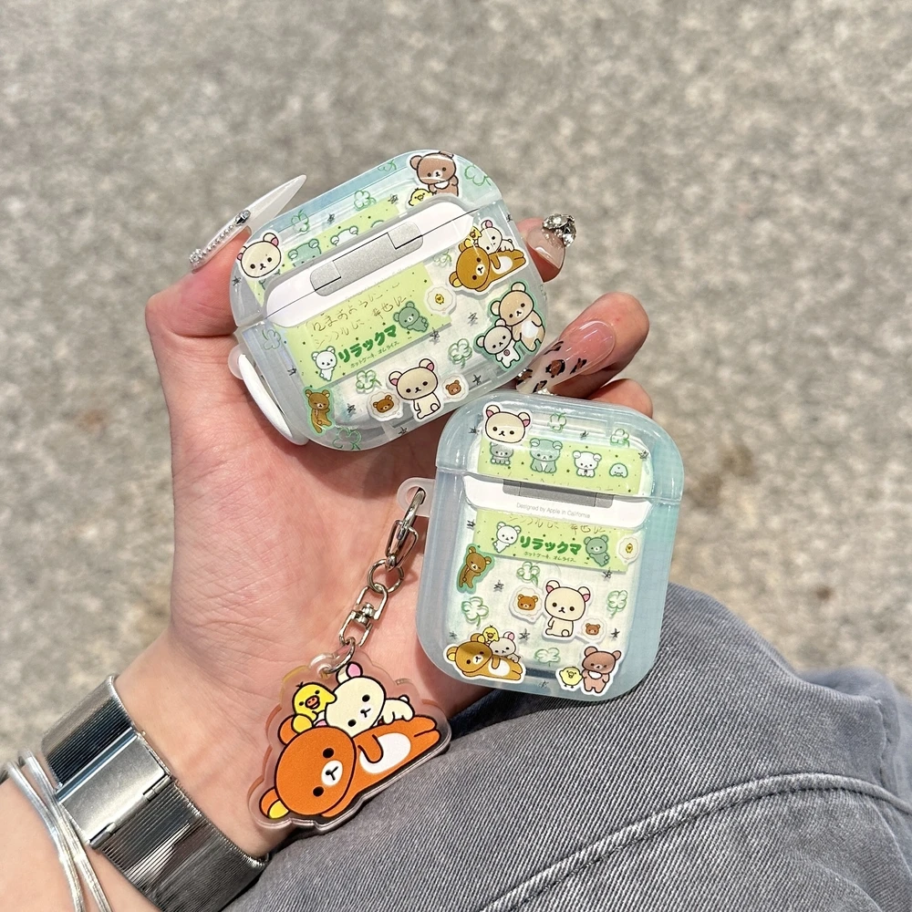 لطيف الكرتون Rilakkuma الدب حقيبة سماعة الاذن ل Airpods 4 2 3 1 Pro 3 2 سماعة لاسلكية تعمل بالبلوتوث سماعة الغطاء الواقي مع قلادة