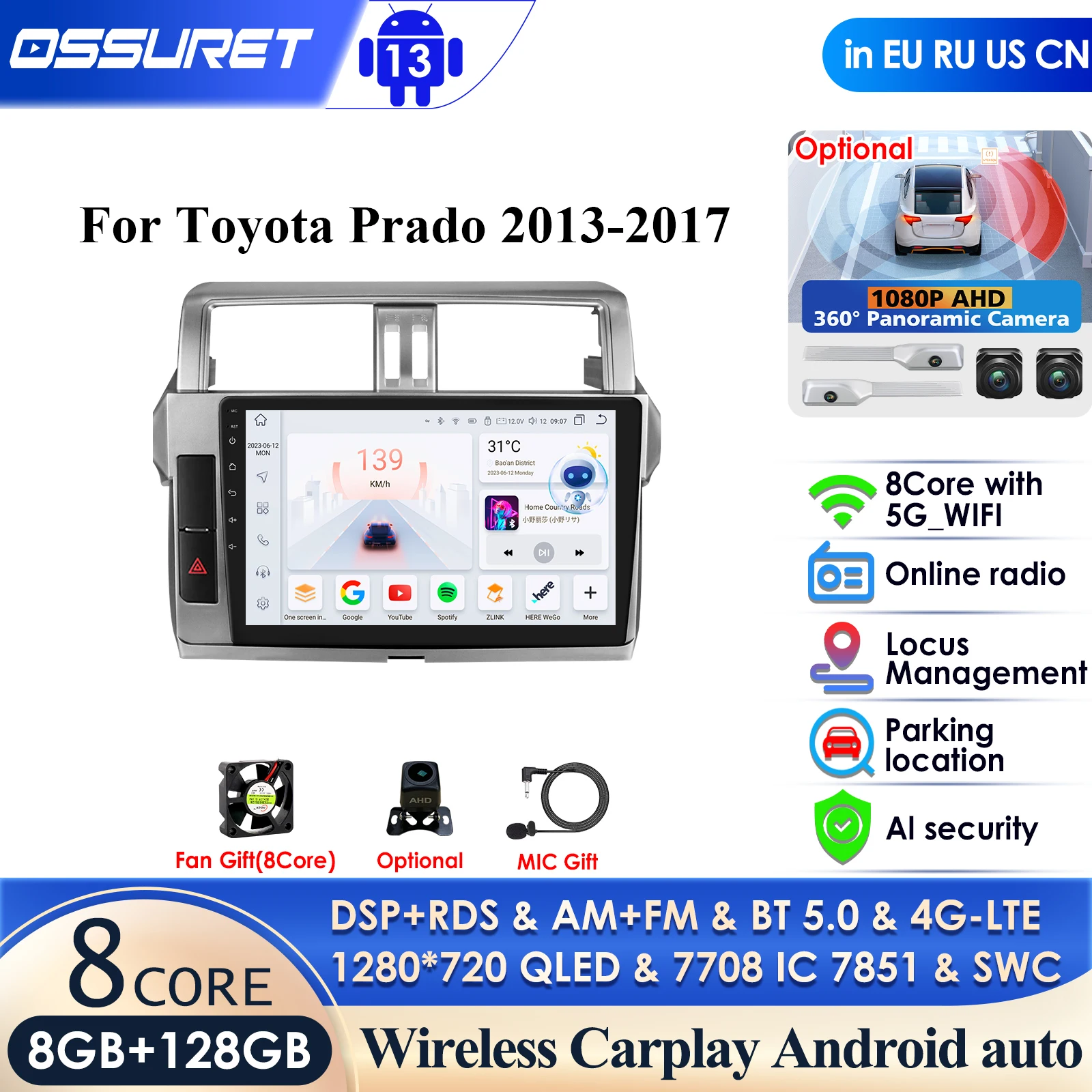 Carplay 4G-LTE 7862 DSP 10.1 inch 2Din Android Car Radio GPS for Toyota Land Cruiser Prado 150 2013 - 2017 Multimedia Video RDS