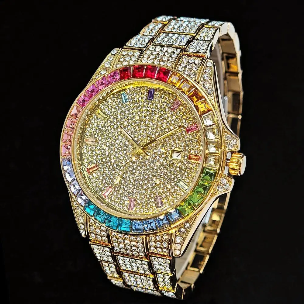 Luxury Ice Out Watches Men Fashion Brand UNIGUET Hip Hop Rainbow Diamond Round Quartz Wrist Watch Mans Gift Dropshipping